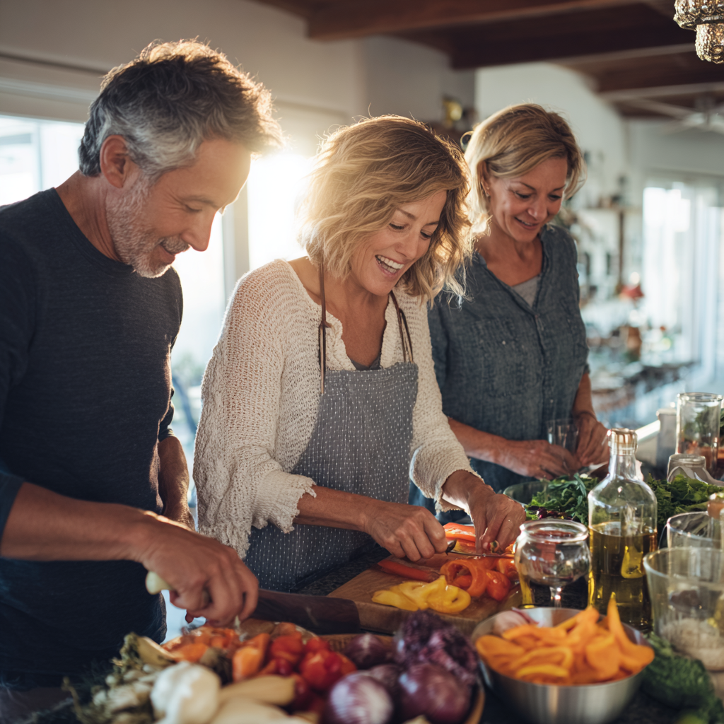 Middle-aged adults preparing healthy meal together in bright kitchen