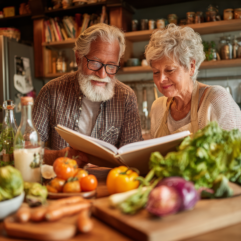 Older adults reviewing meal plans and healthy ingredients at dining table